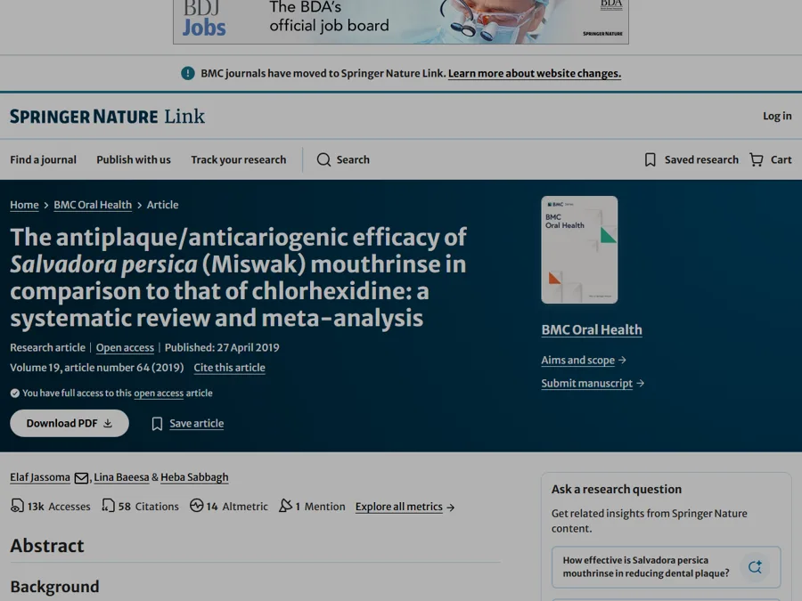 Capture de la page de l'étude sur bmcoralhealth.biomedcentral.com
